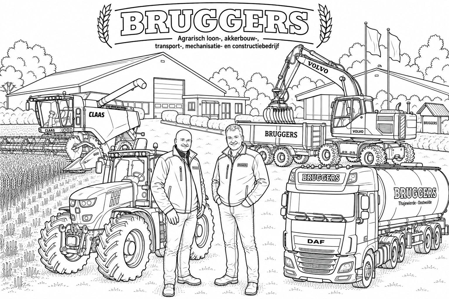Kleurplaat van het erf van Bruggers, met de combine, de kraan, de trekker, de vrachtwagen en twee medewerkers ervoor